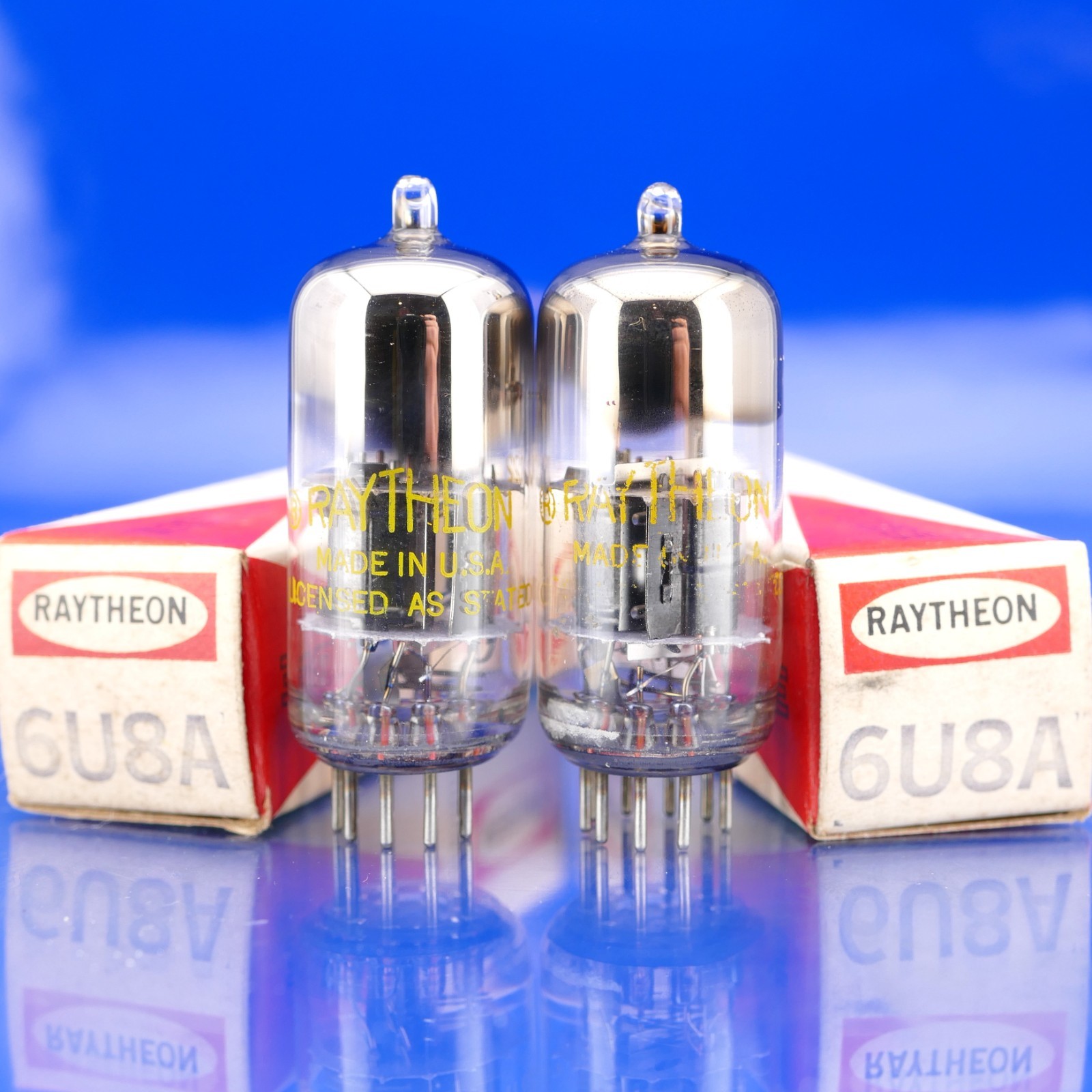 Two RAYTHEON 6U8A Tubes NIB Black Plate Horseshoe GM%: 89/90 97/118 AMPLITREX
