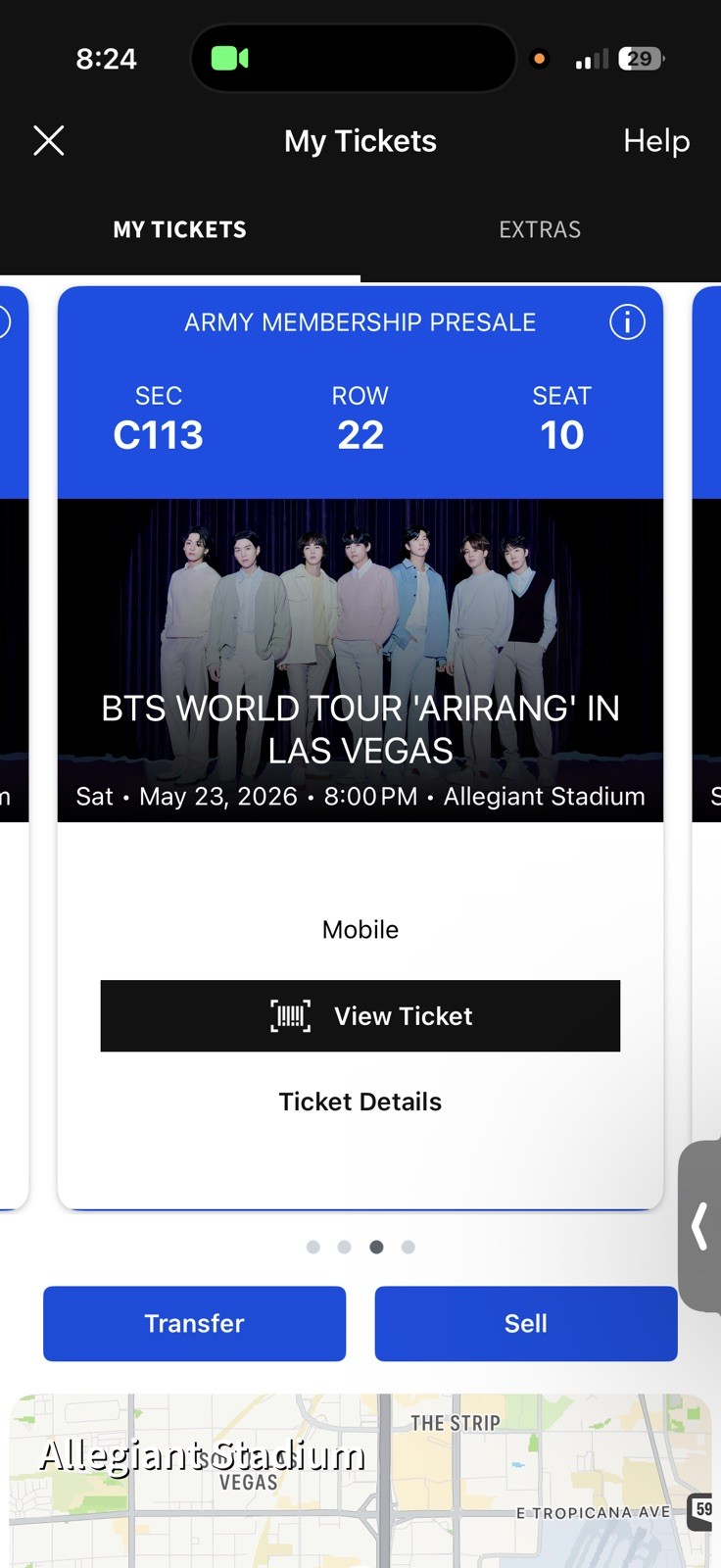 Sec C113-Row 22 Seats 10-11 BTS World Tour Arirang Las Vegas 05/23 May 2026