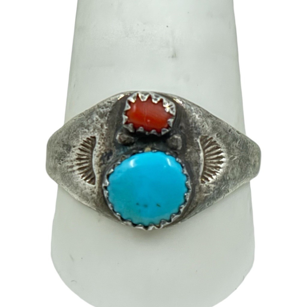 Navajo sterling silver turquoise & coral ring - GM603