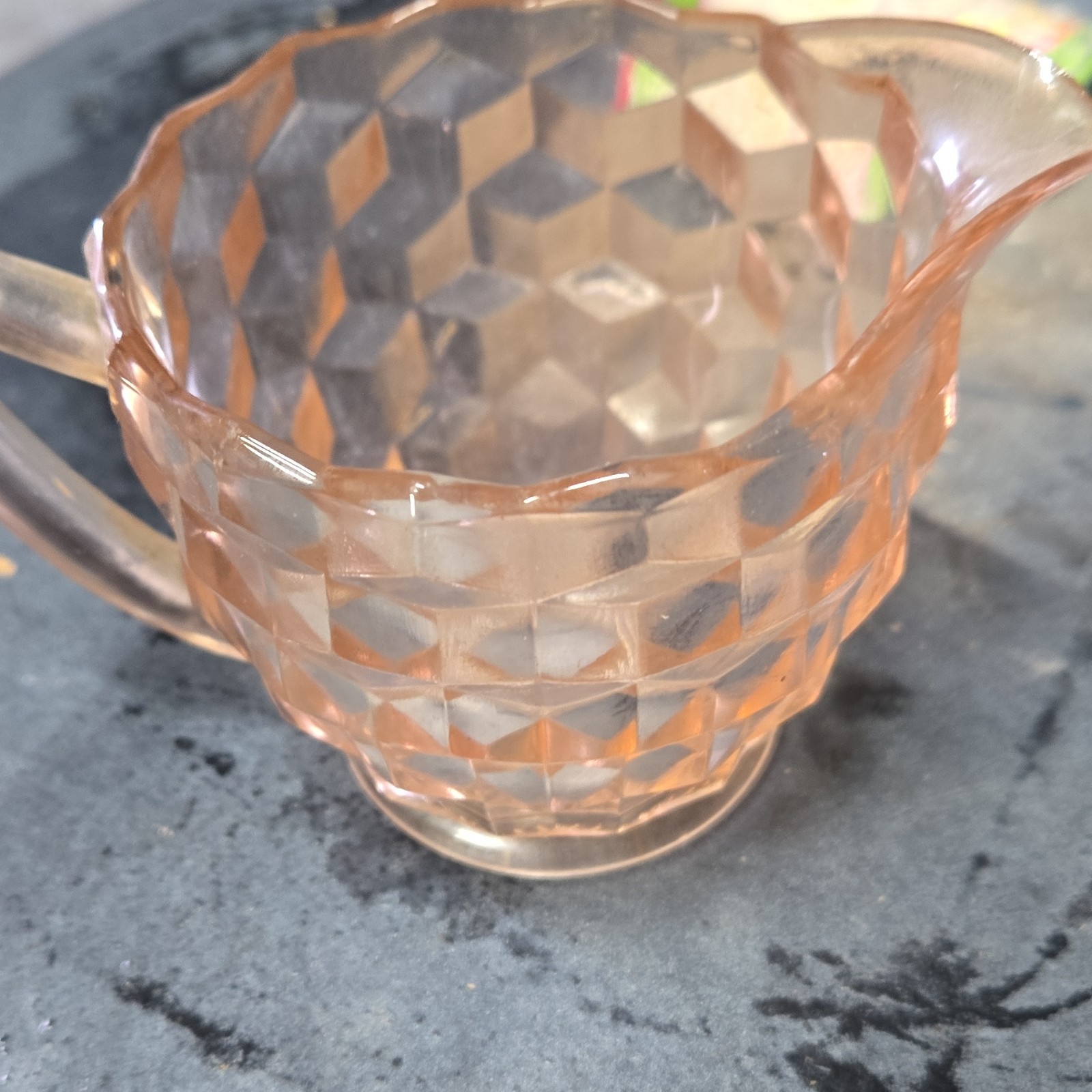 Pink Glass Cubist Pattern Round Creamer with Handles