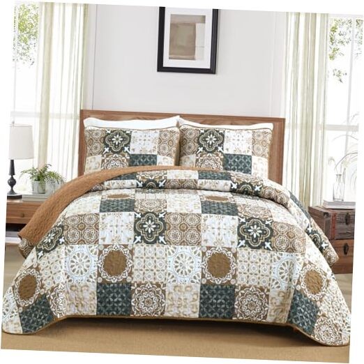  Quilt Set Size, Boho Plaid Patchwork Bedspreads Coverlet Set, 3 Queen Brown