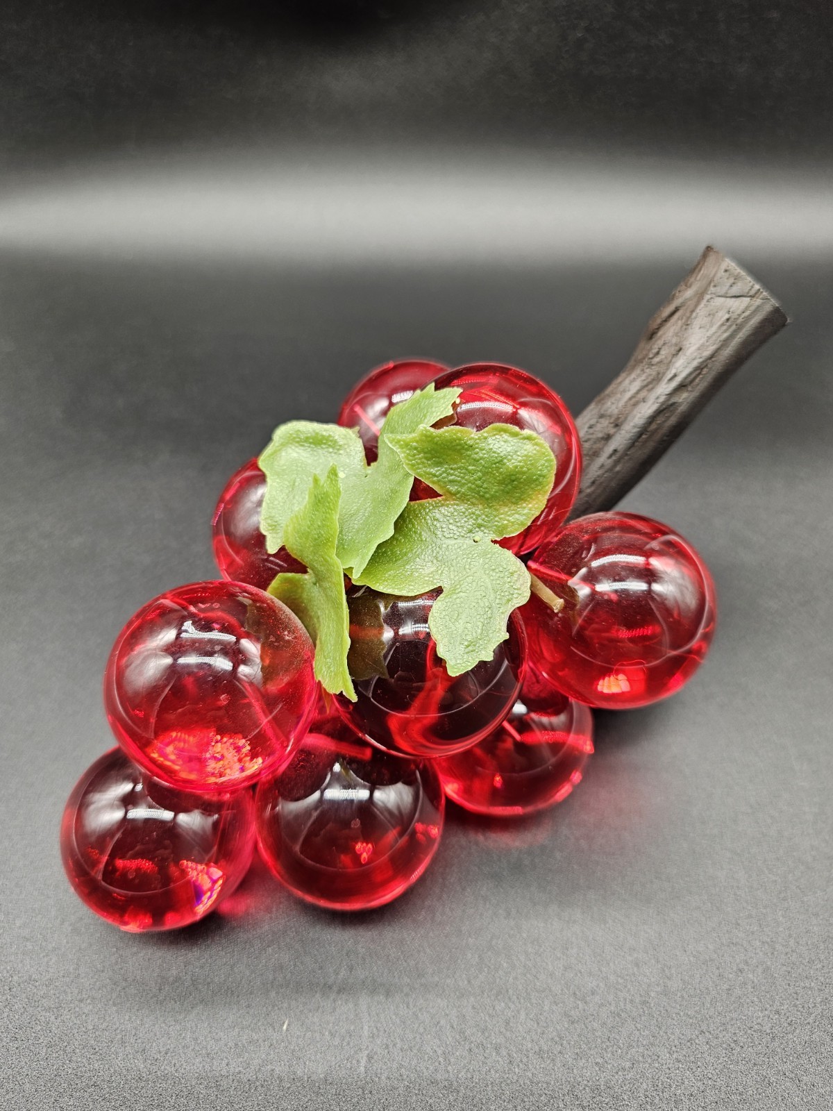 Vintage MCM Lucite Acrylic Green Ruby Red on Driftwood Large Cluster with Leaves