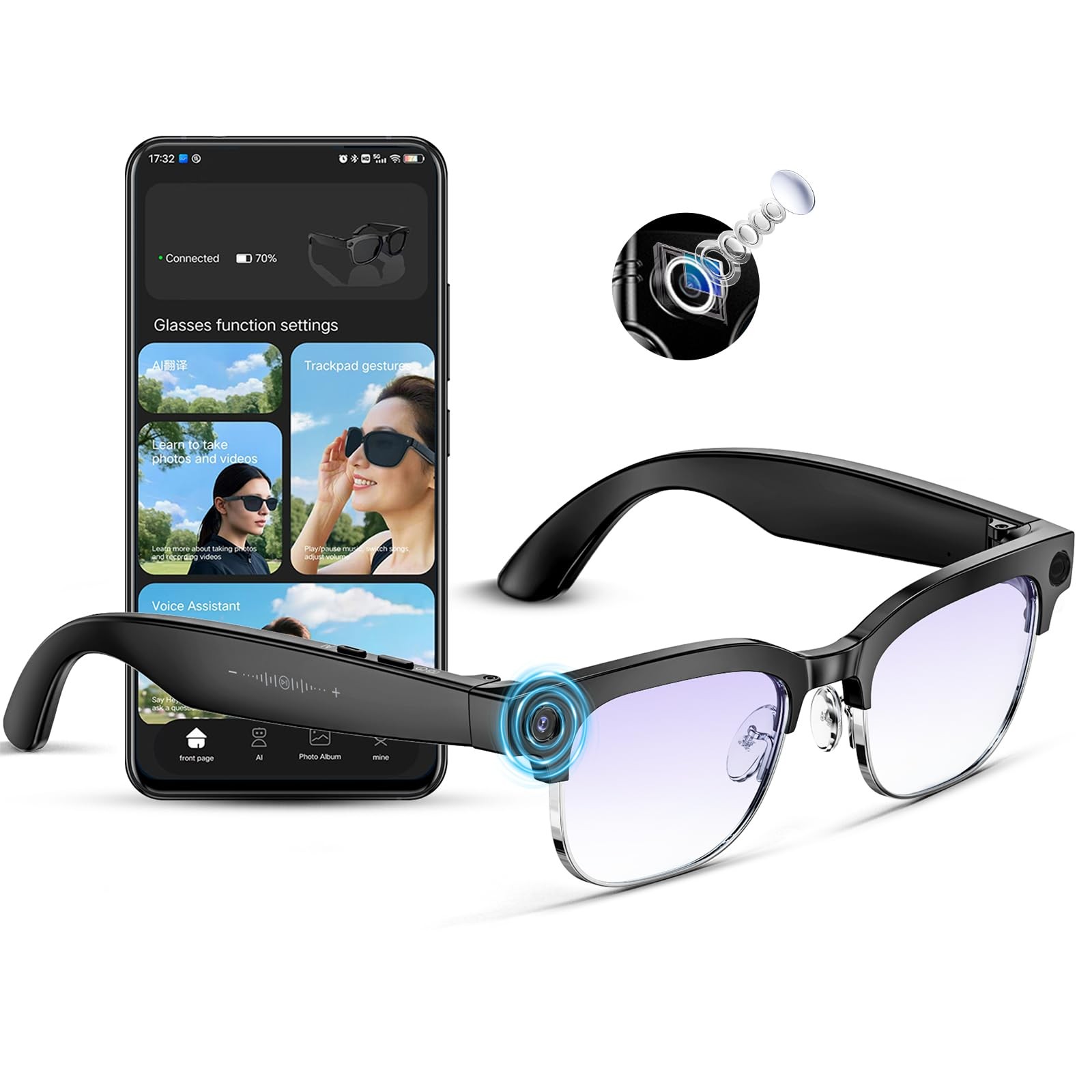 AI Smart Glasses 8MP Anti Shake 4K HD Camera Bluetooth Call Dual Mic Mingtawn