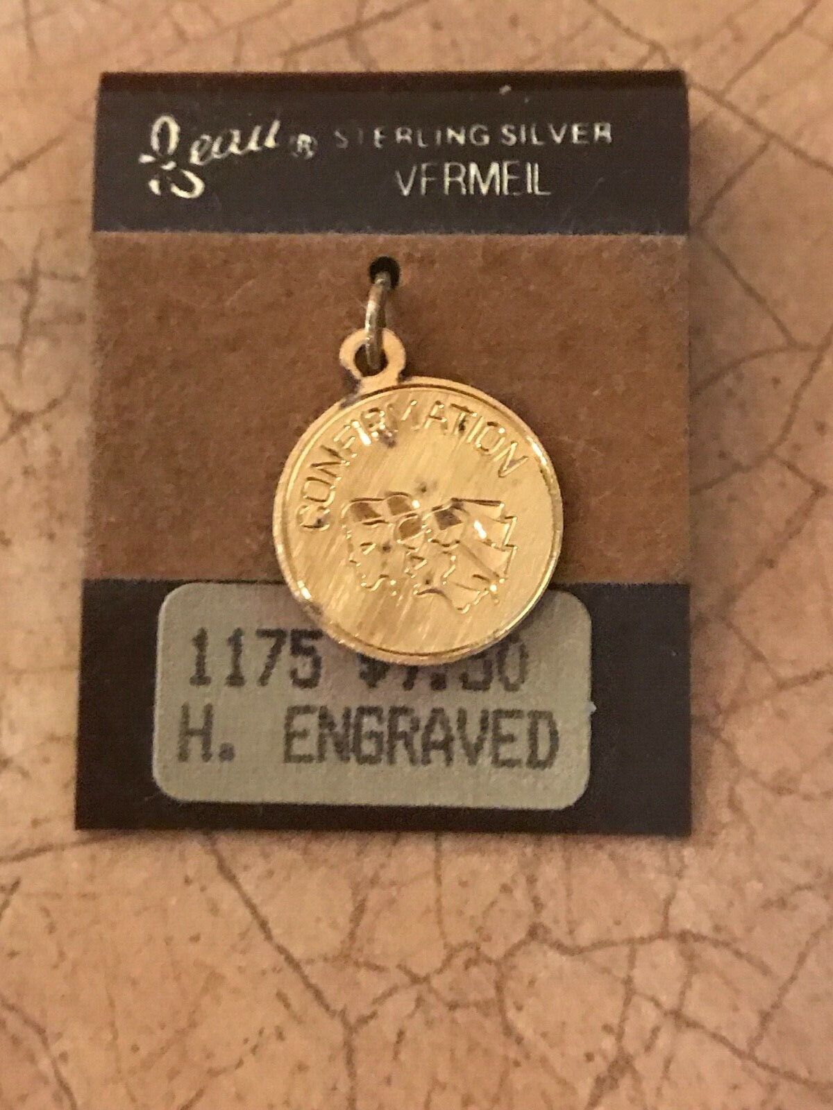 VTG Sterling Silver VERMEIL BEAU CONFIRMATION Charm Pendant NOS 1/2" ORIG CARD