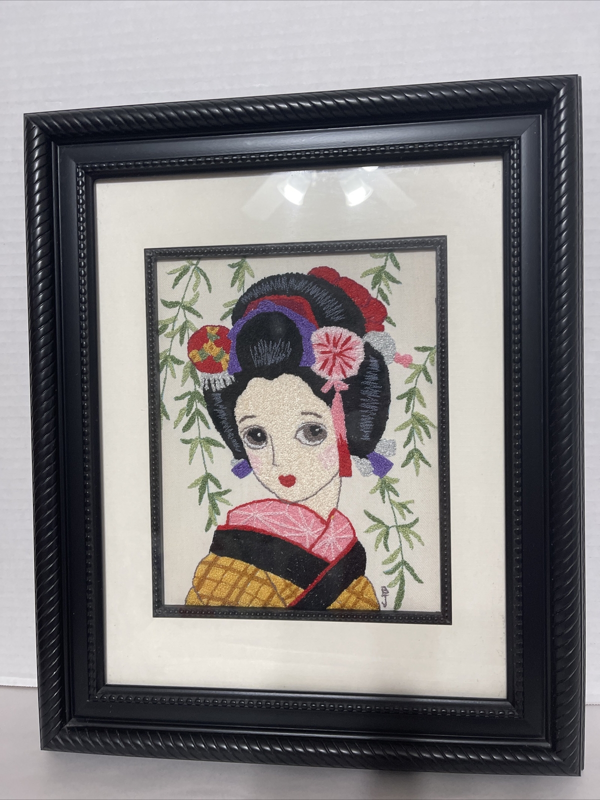 Japanese Geisha Girl Bunka Silk Embroidery Vintage Solid Wood Framed 17x14”