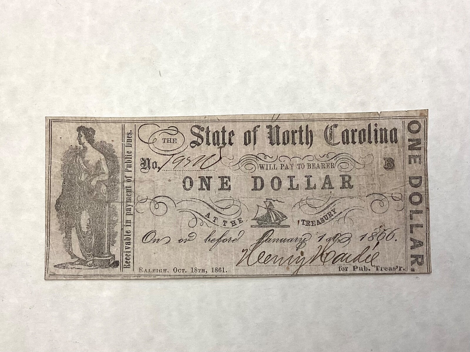 Oct. 18,  1861 $1 One Dollar State of North Carolina Civil War Banknote cd