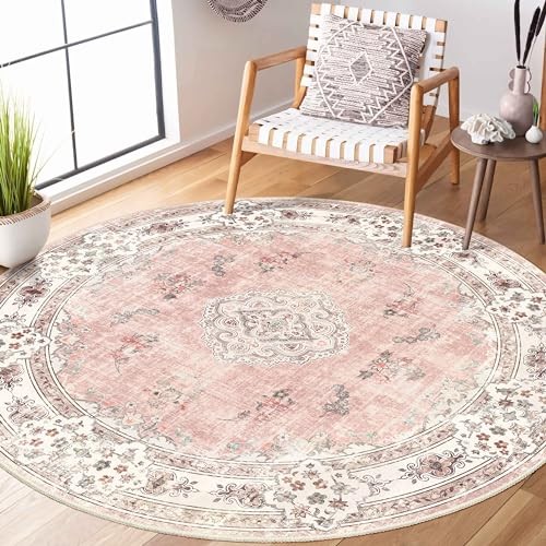  Pink Round Rug 5ft,Circle Washable Area Rugs for Bedroom Living Room 