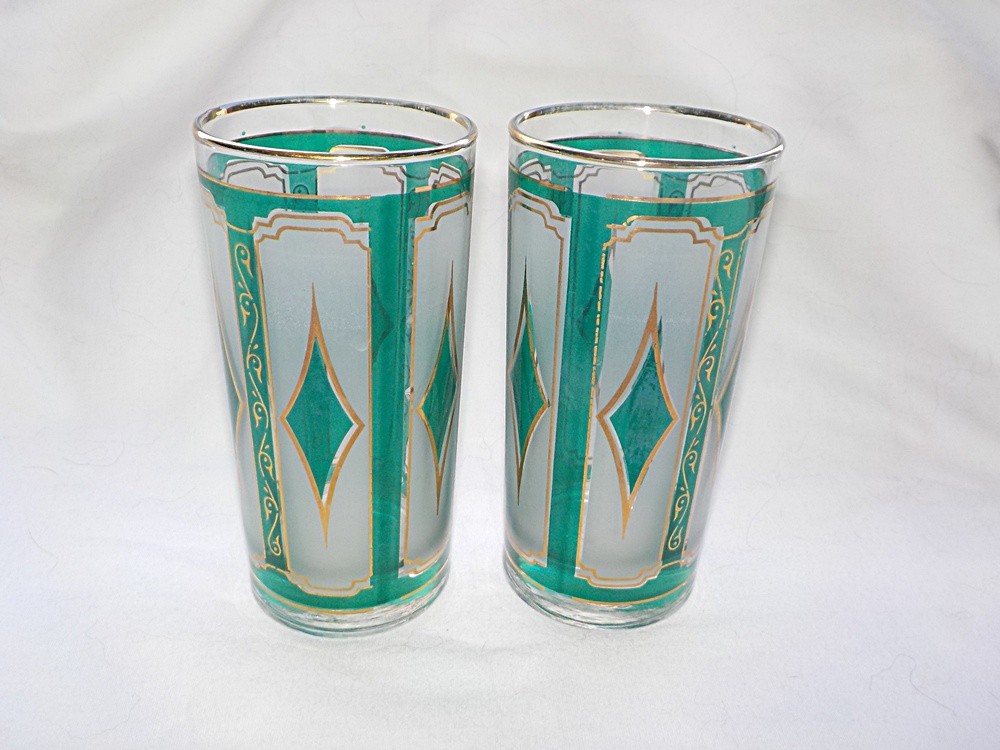 2 Vintage Libbey Emerald Gold Diamond Highball Glasses Tumblers 10 oz 5 1/2" 