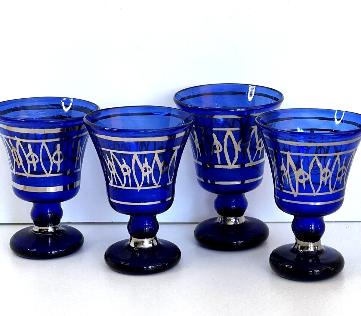 Vintage Cordials Wine Goblets Cobalt Blue W Silver Overlay (4)  Czech Art Glass