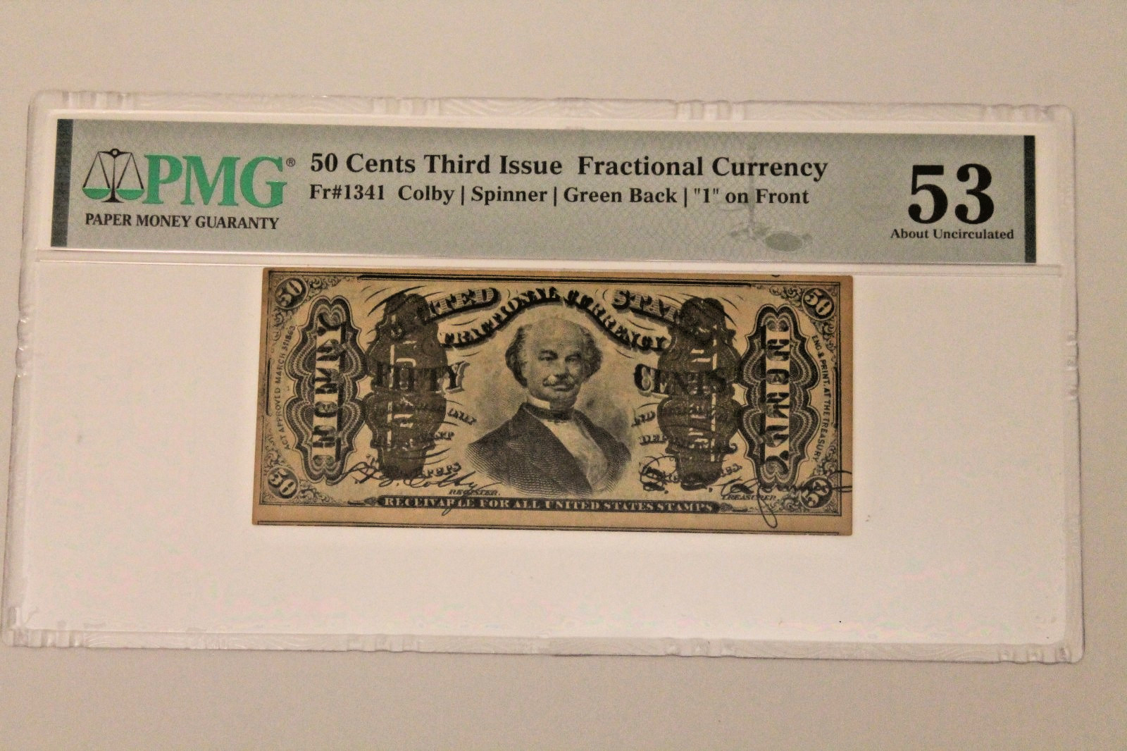 1863 US Third Issue 50 Cents Fractional Currency Green Back 1 Fr#1341 PMG 53 AU