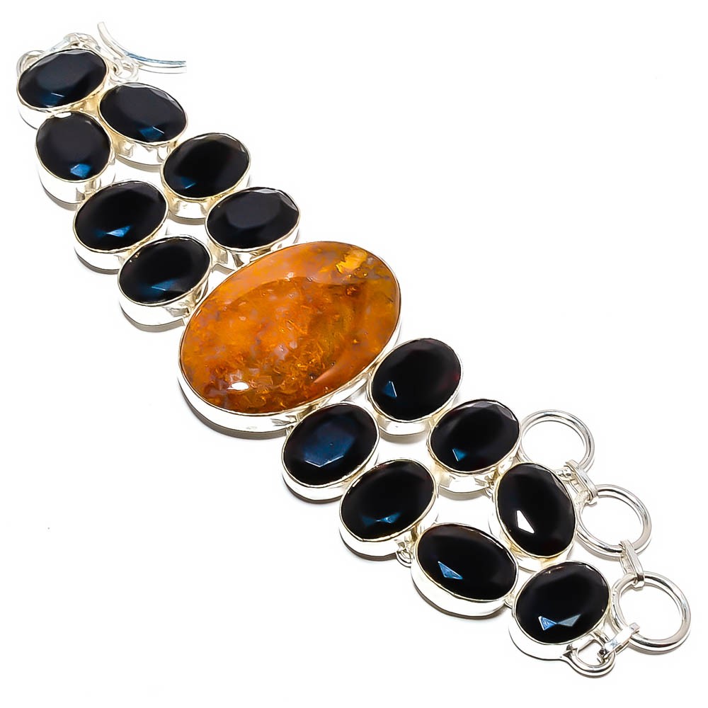 Natural Plume Agate & Black Onyx 925 Sterling Silver Ethnic Bracelet 7.99" F2525