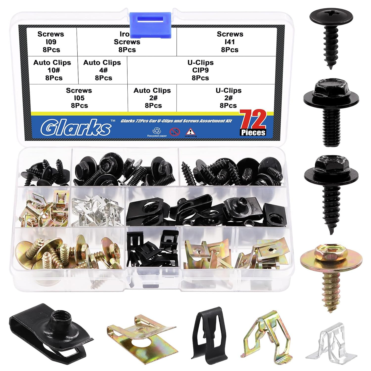72Pcs U-Clips and Body Bolts Screws Assortment Kit 9 Sizes Auto Car Clips Fasten