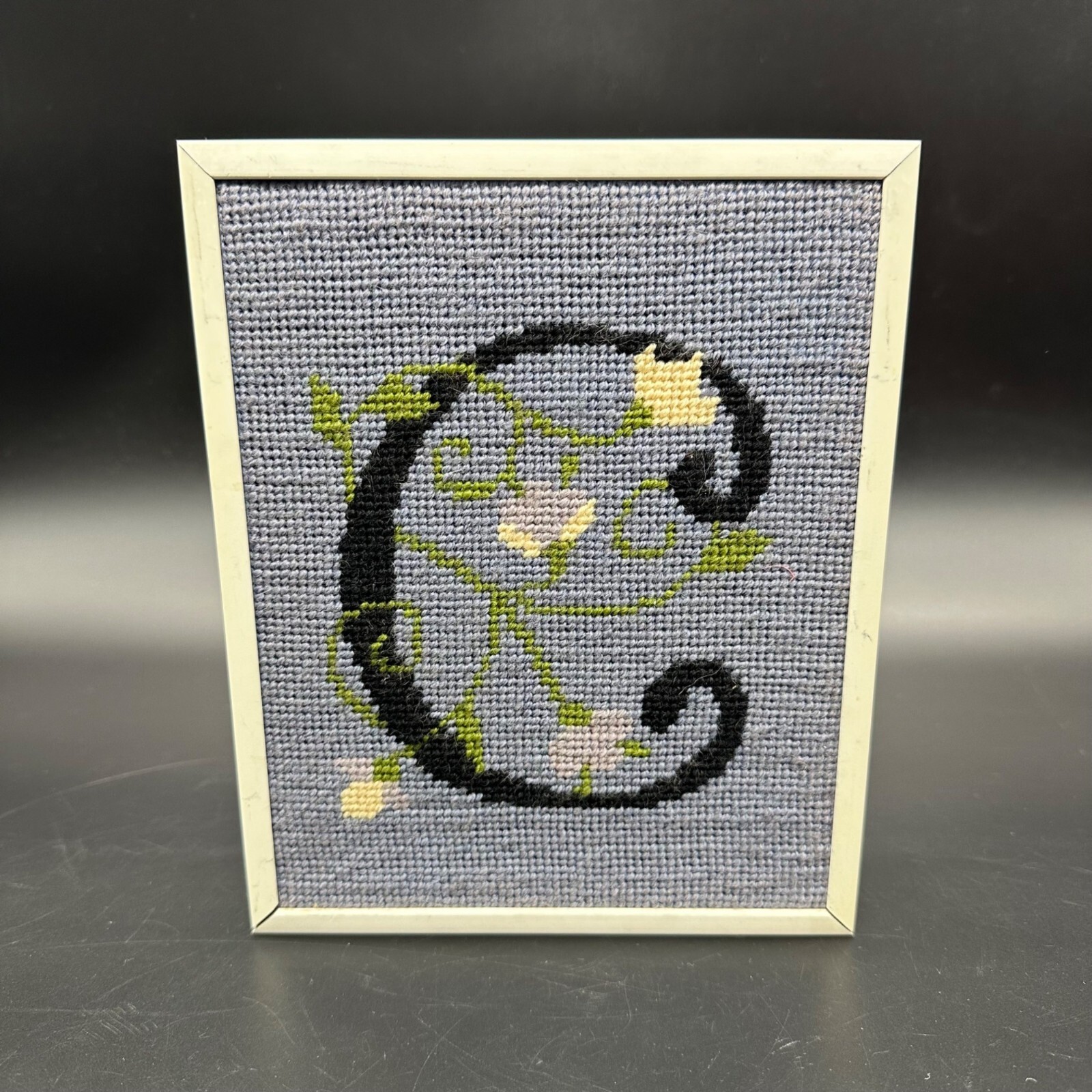 Vintage Needlepoint Monogram C Name Floral Framed Art Periwinkle White Flowers