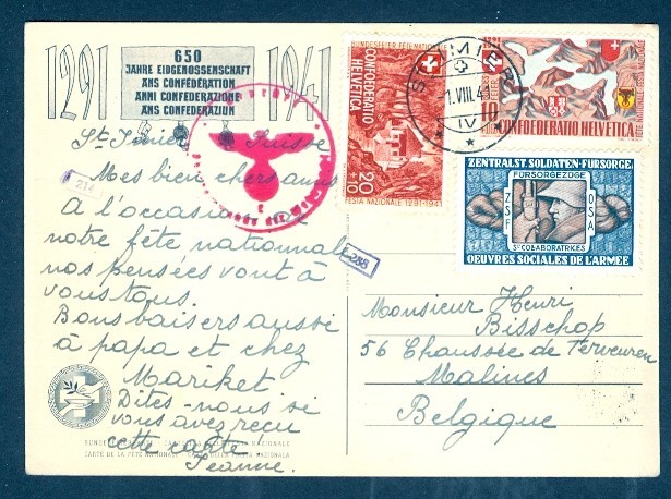 SWITZERLAND 1941 SOLDIERS STAMP COMBO CENSORED PC TO BELGIUM