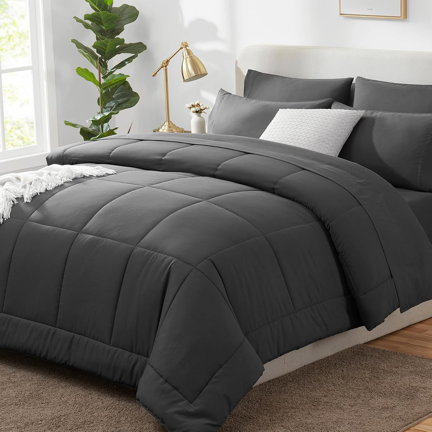 Queen Comforter Set Dark Grey, 7 Pieces Bed in a Bag, Dark Gray Comforter Queen 