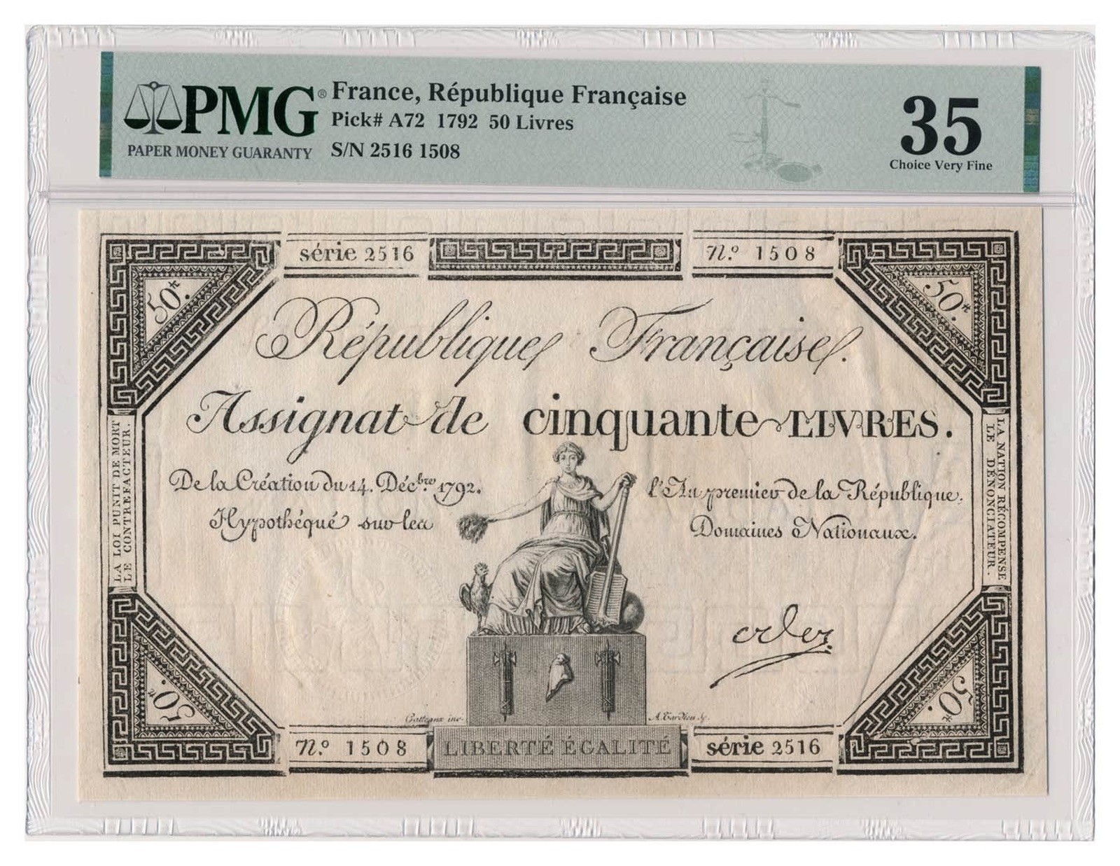 FRANCE banknote 50 Livres 1792 PMG VF 35 Choice Very Fine