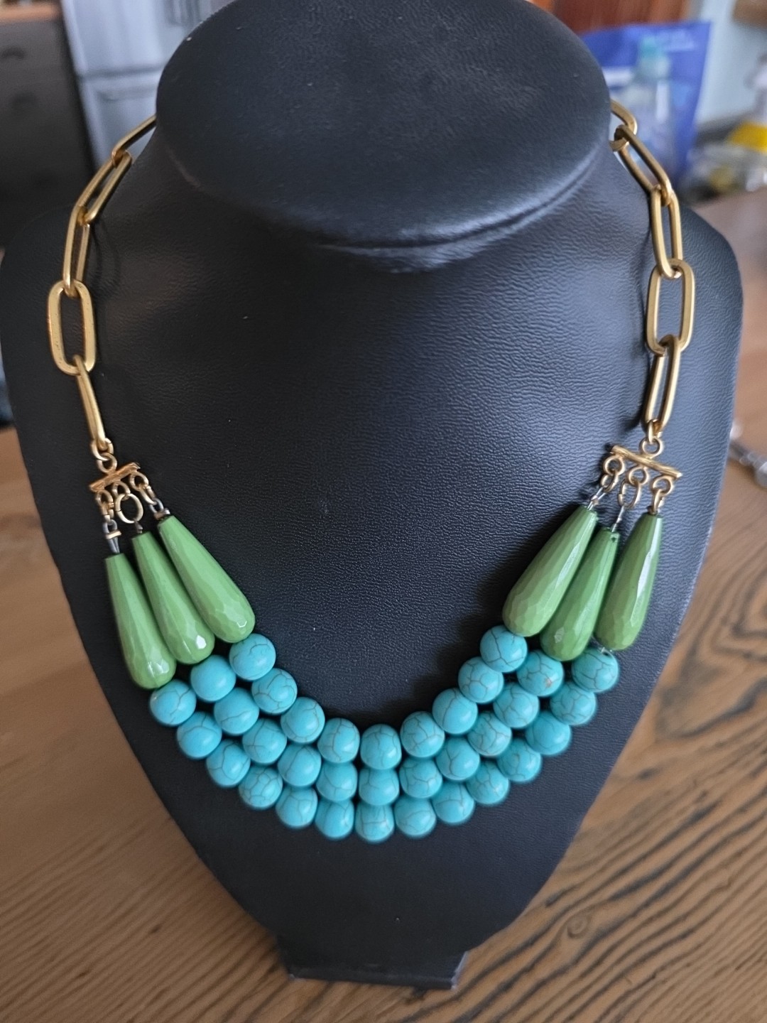 David Aubrey Turquoise Beaded Necklace on Gold Paper Clip Chain
