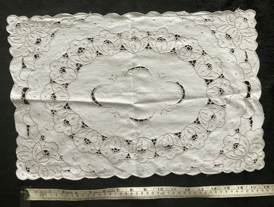 Vintage doily / tray cloth cottage core retro off white & Beige 18 x 12 in #1