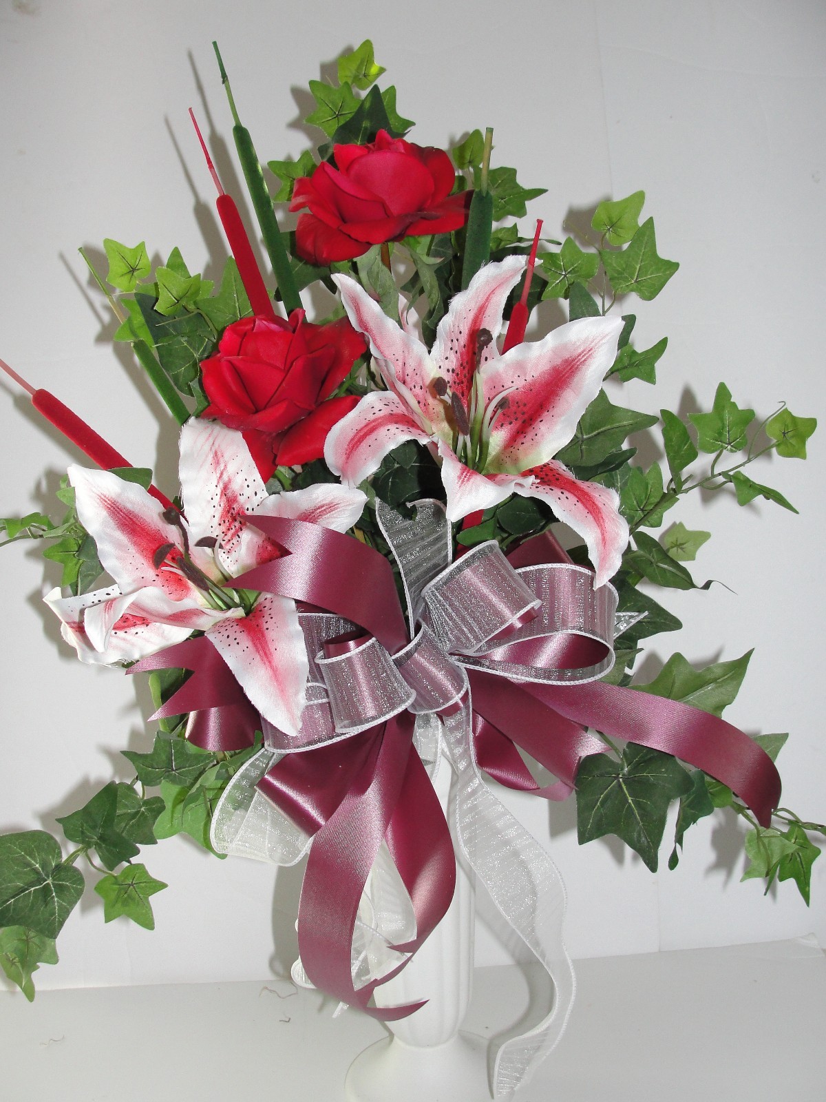 Red Rose Stargazer Lily Ivy push in ground Grave Vase Flower Cemetery Headstone