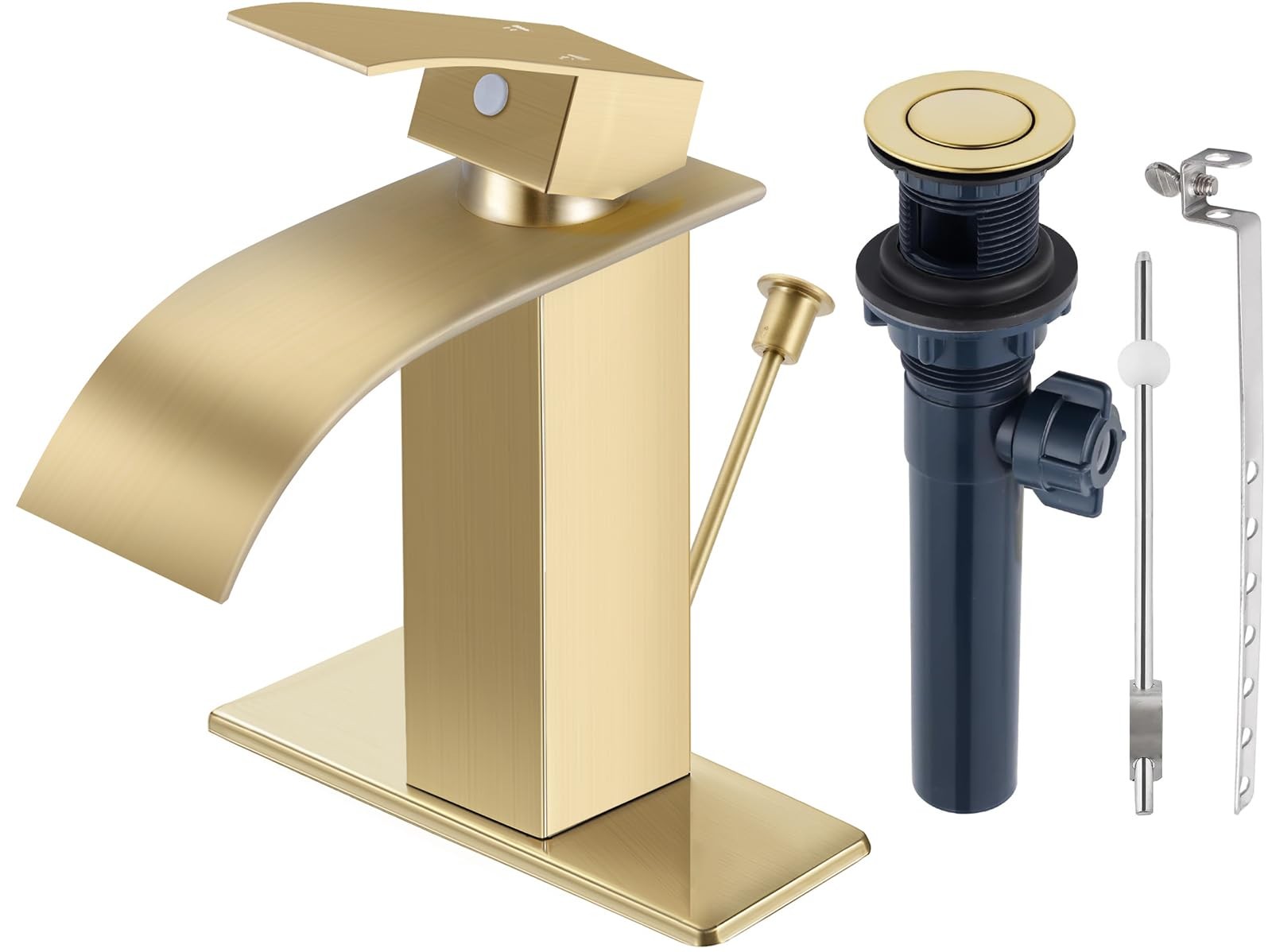 Brushed Gold Bathroom Faucet with Lift Rod Drain, Waterfall Bathroom Sink Fau...