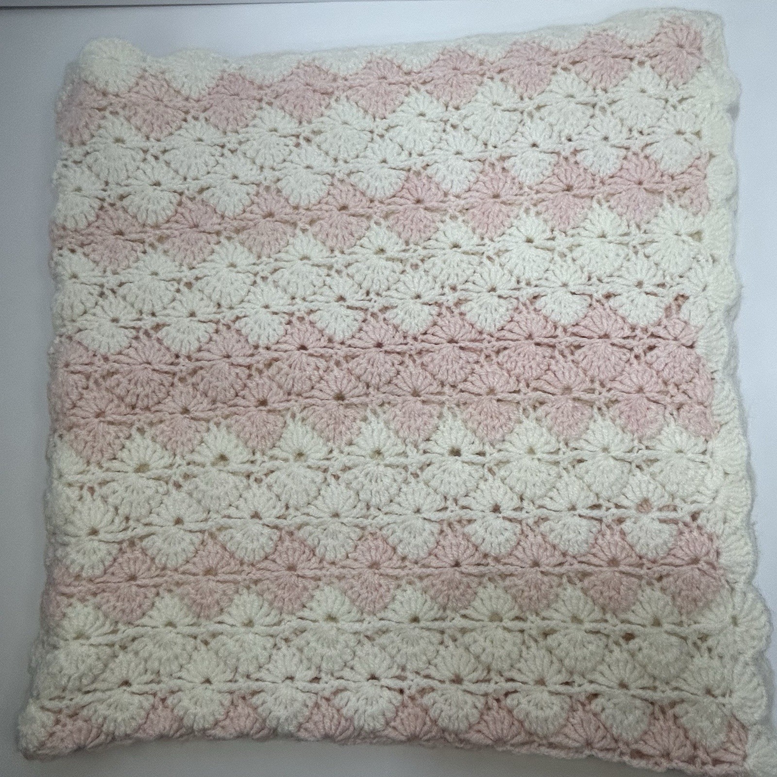 Handmade Crochet Baby Blanket Pink White Stroller Throw