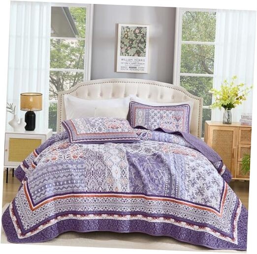  Purle Quilt Set Size,3 Pieces Boho Patchwork Bedspread Coverlet Queen Purple