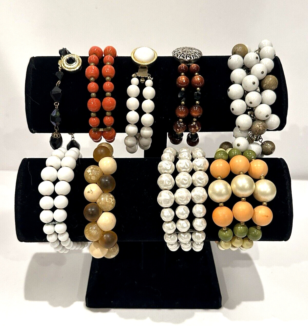 WRAP COIL CHA CHA FAUX PEARL BEAD LUCITE GLASS BRACELETS RETRO VINTAGE LOT 9 EUC