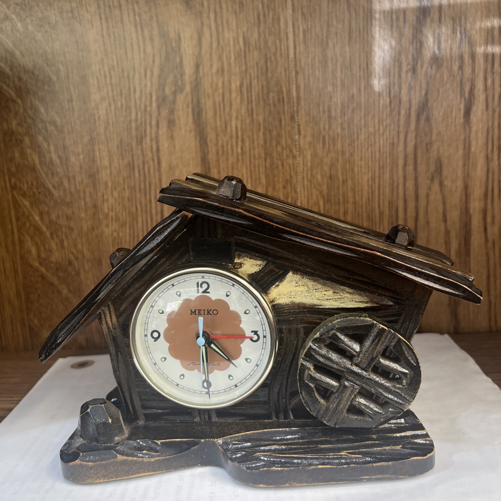 Meiko Tokei Vintage Water Wheel Musical Windup Wood Clock Japan