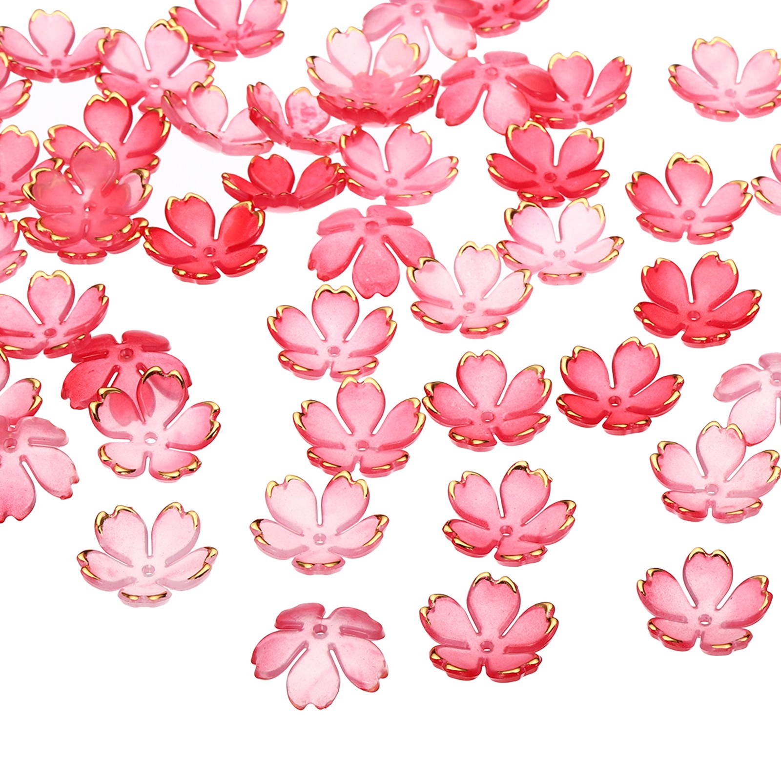 50 Pcs Gold-Plated Acrylic Cherry Blossom Flower Beads, Red Gradient