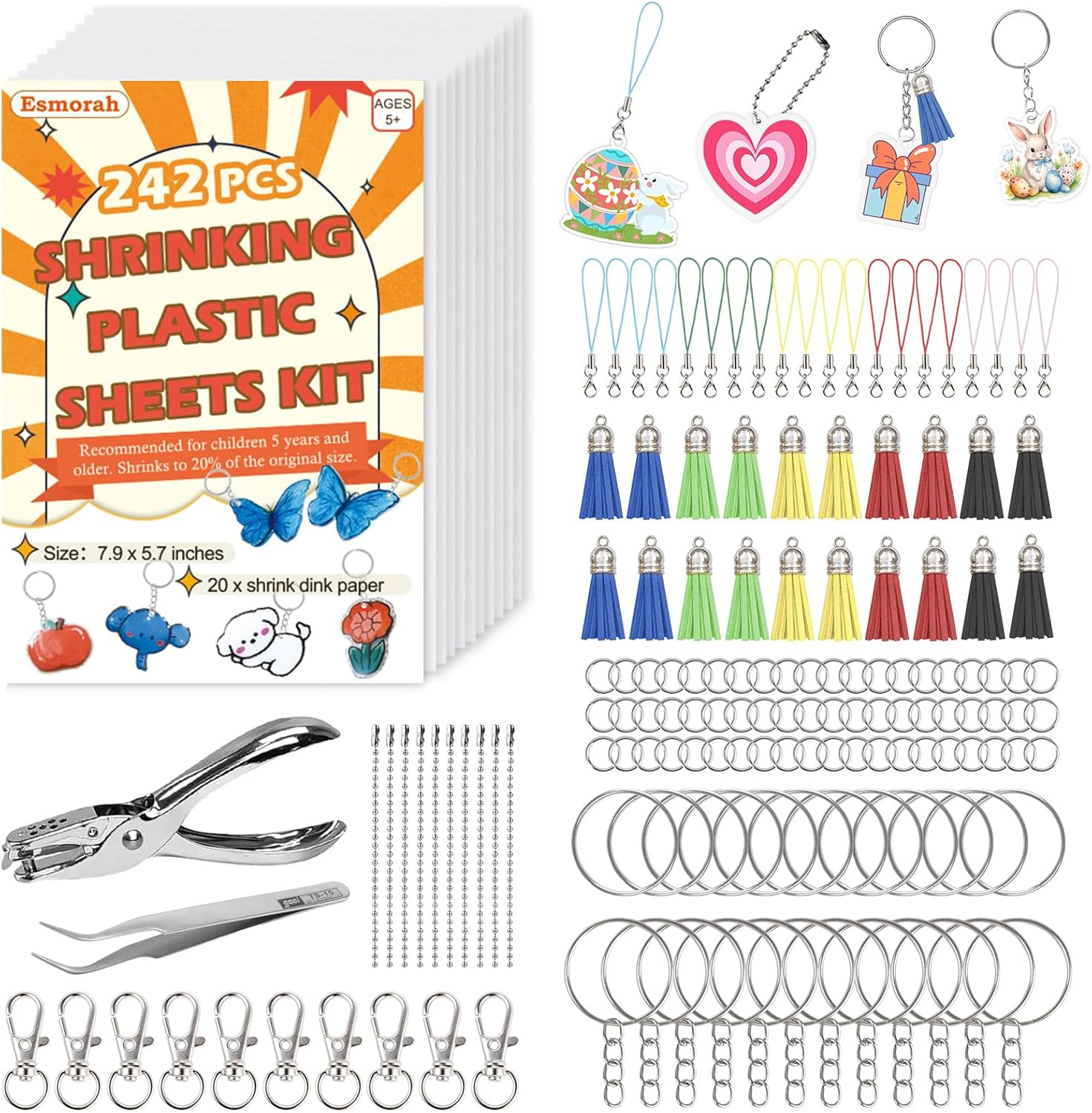 242PCS Shrink Dink Keychain Kit - Shrink Plastic Sheets with 20Pcs Shrink Paper 