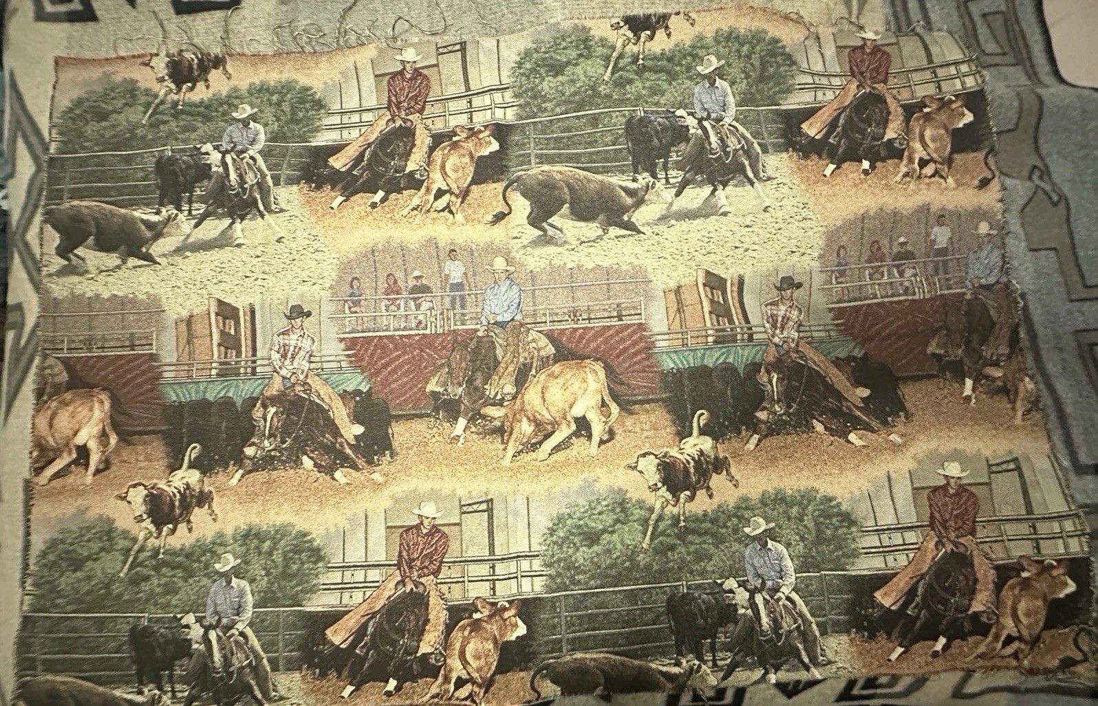 CUTTING HORSE COW HORSE TAPESTRY UPHOLSTERY FABRIC    1 Yard 38”x56”