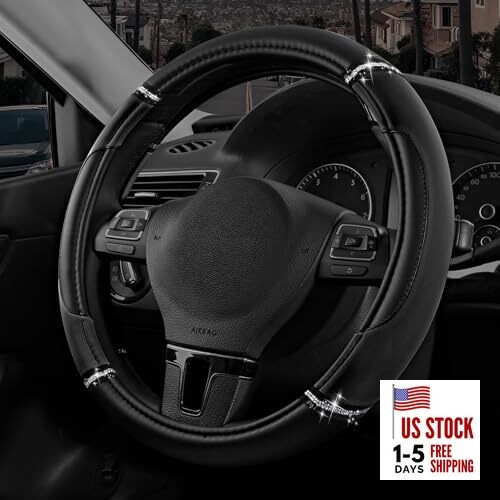  Leather Steering Wheel Cover - Made with PVC Leather - Anti-Slip, Black