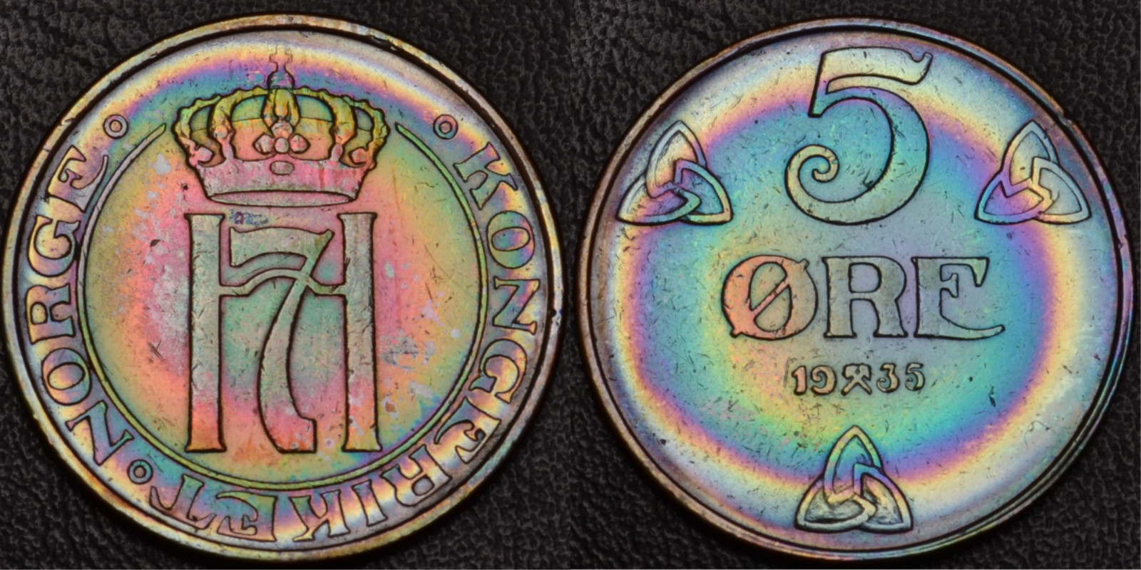 1935 Norway 5 Ore MONSTER RAINBOW BULLSEYE TONING (58-84)