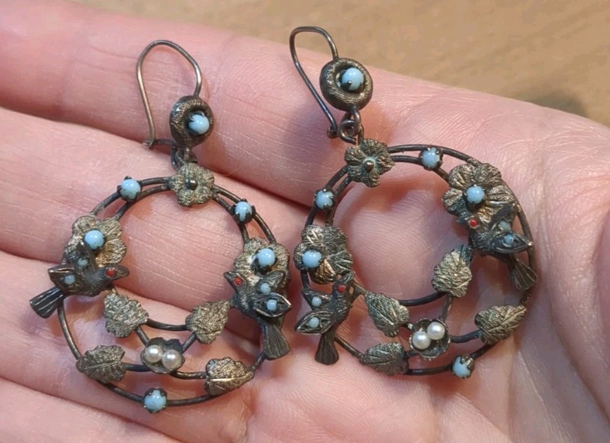 Antique Victorian 1800s 925 Sterling Silver Bird Turquois, Coral, Pearl Earrings