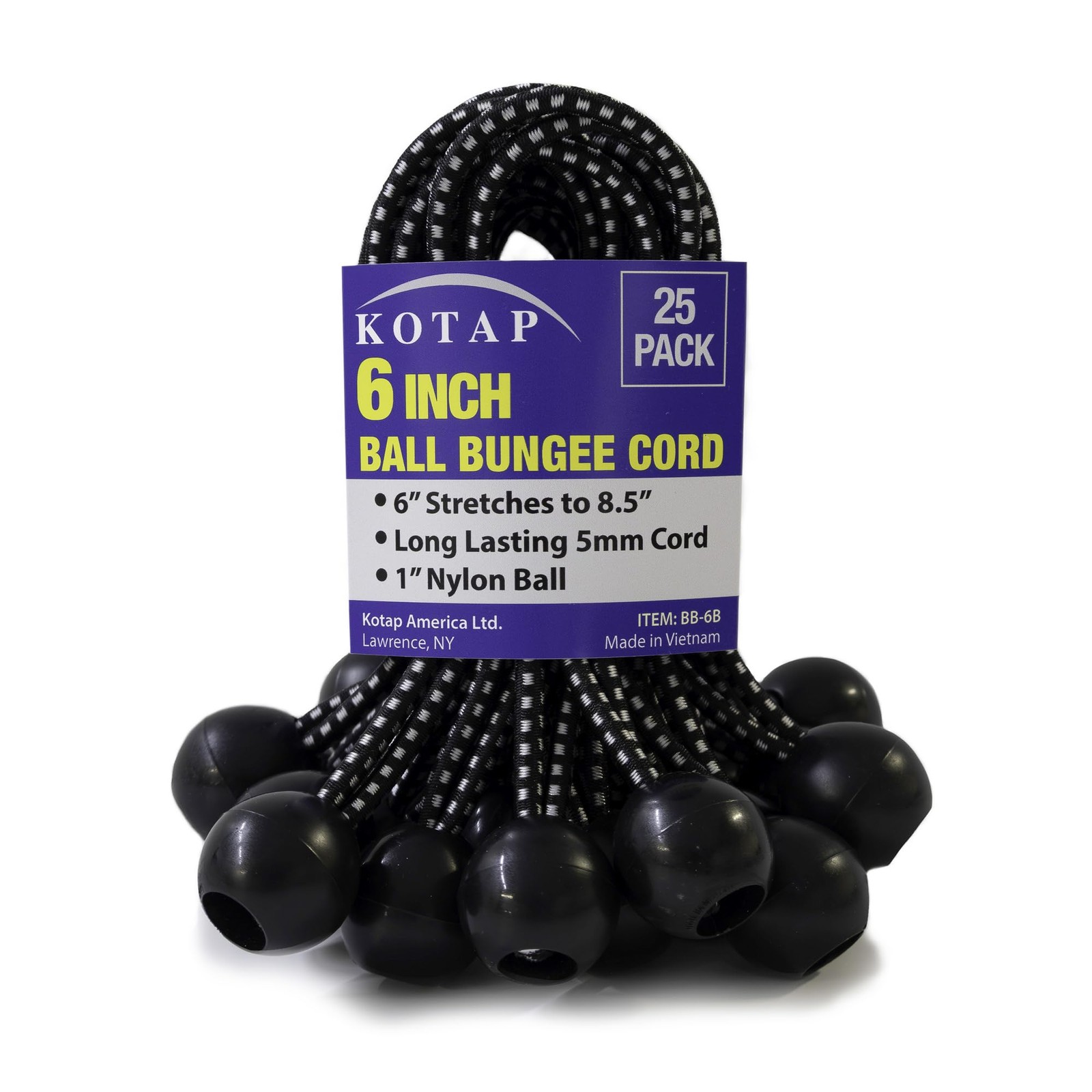 Kotap BB-6B Ball Bungee Cord, Heavy-Duty & Versatile, Indoor & 6 Inch, Black 