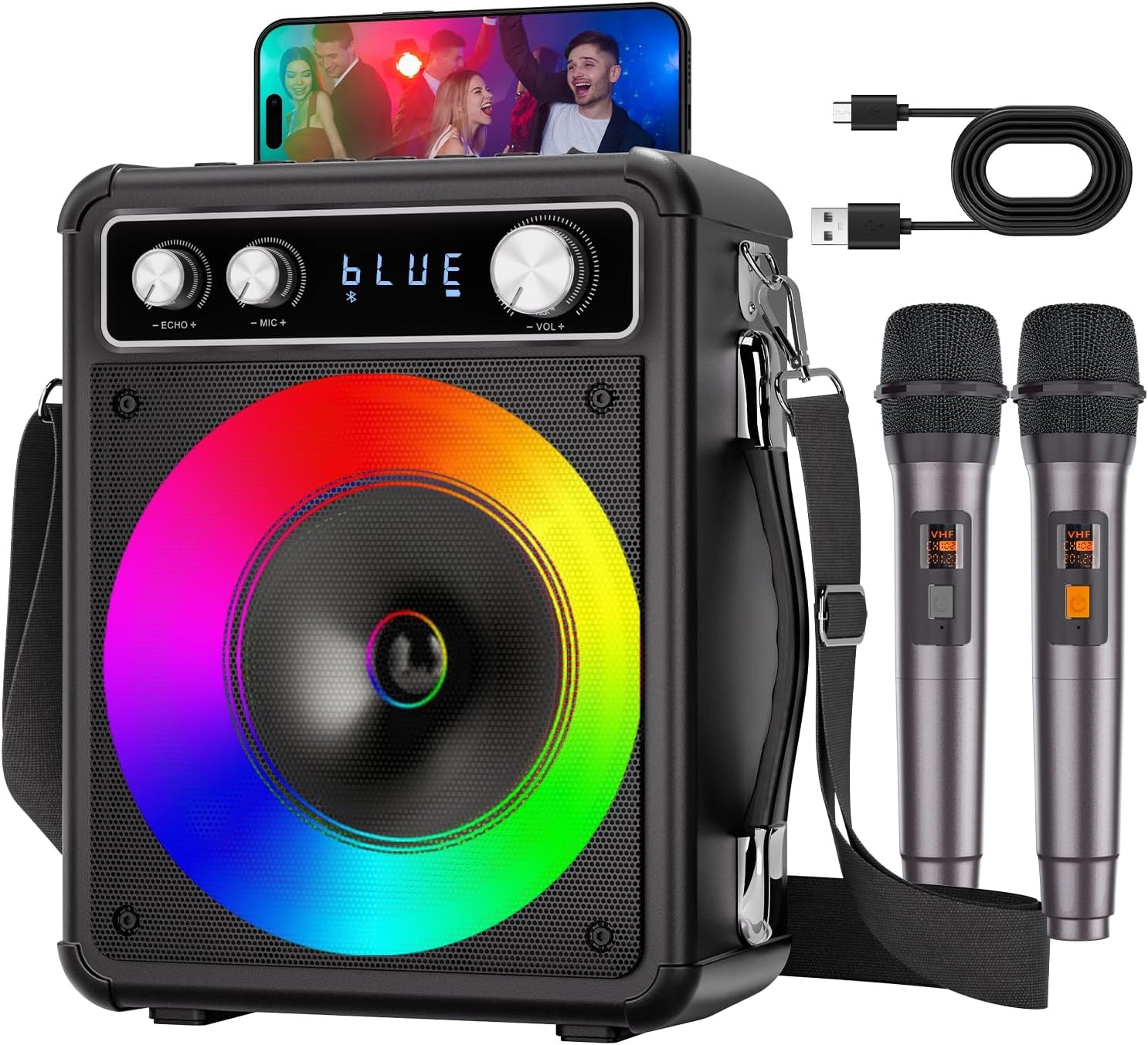 Karaoke Machine, Portable Bluetooth Karaoke Speaker with 2 Wireless Microphones