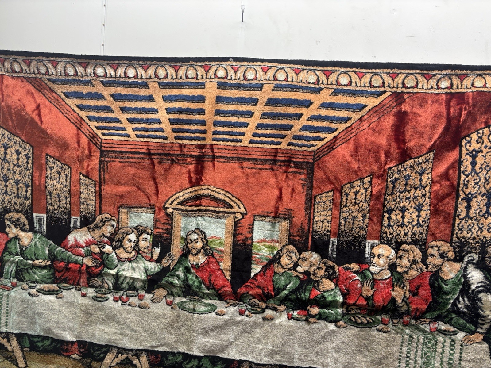 Last Supper Velvet Tapestry VTG Wall Hanging Rug Religion Christian LARGE 70x49"