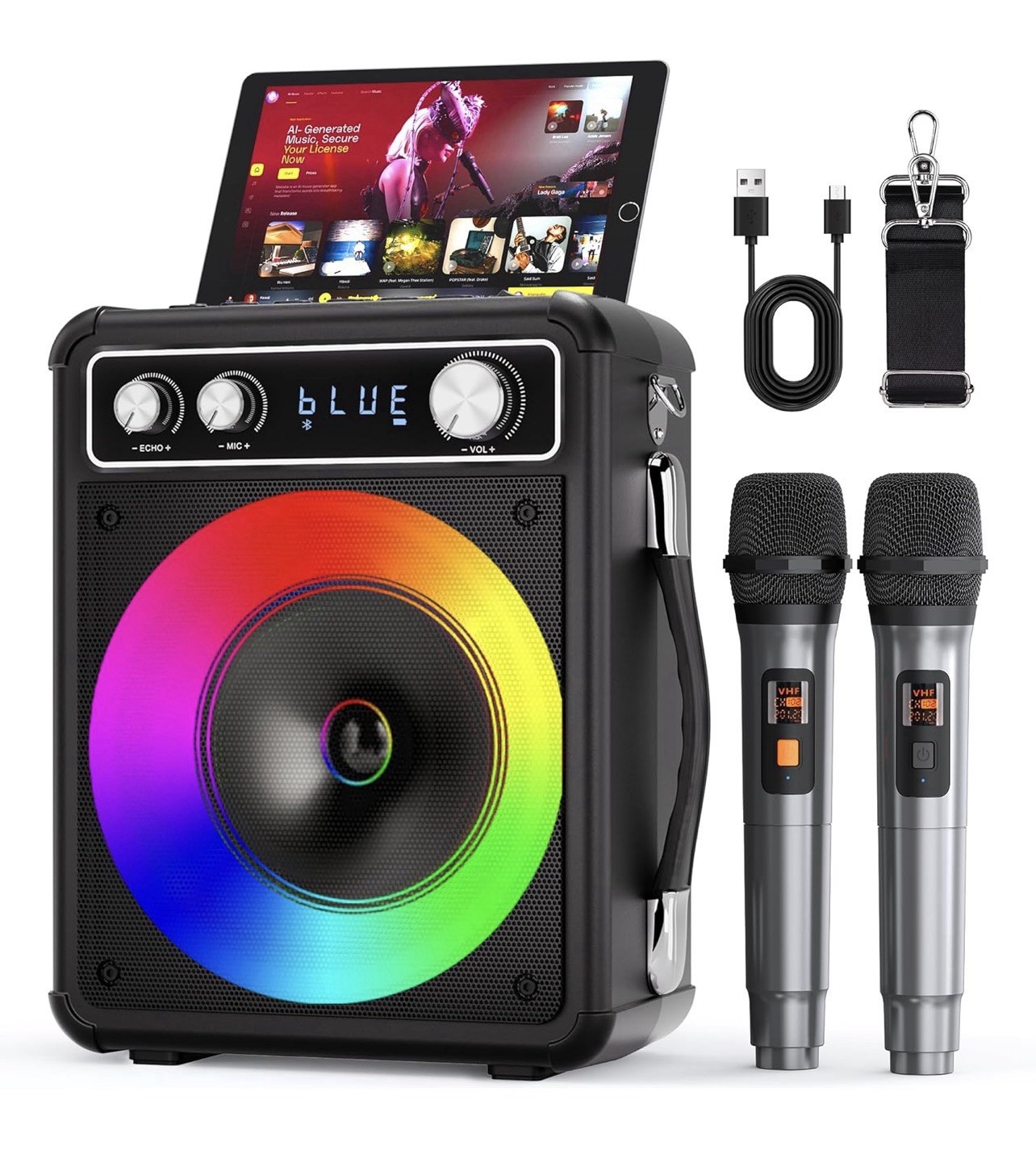 Karaoke Machine, Portable Bluetooth Speaker With 2 Wireless Microphones PA Syste