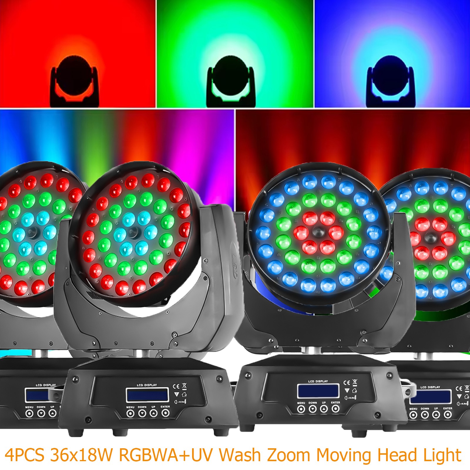 4PCS 360W RGBW LED Zoom Wash Moving Head Lighting 36X10W Beam Stage Light Show