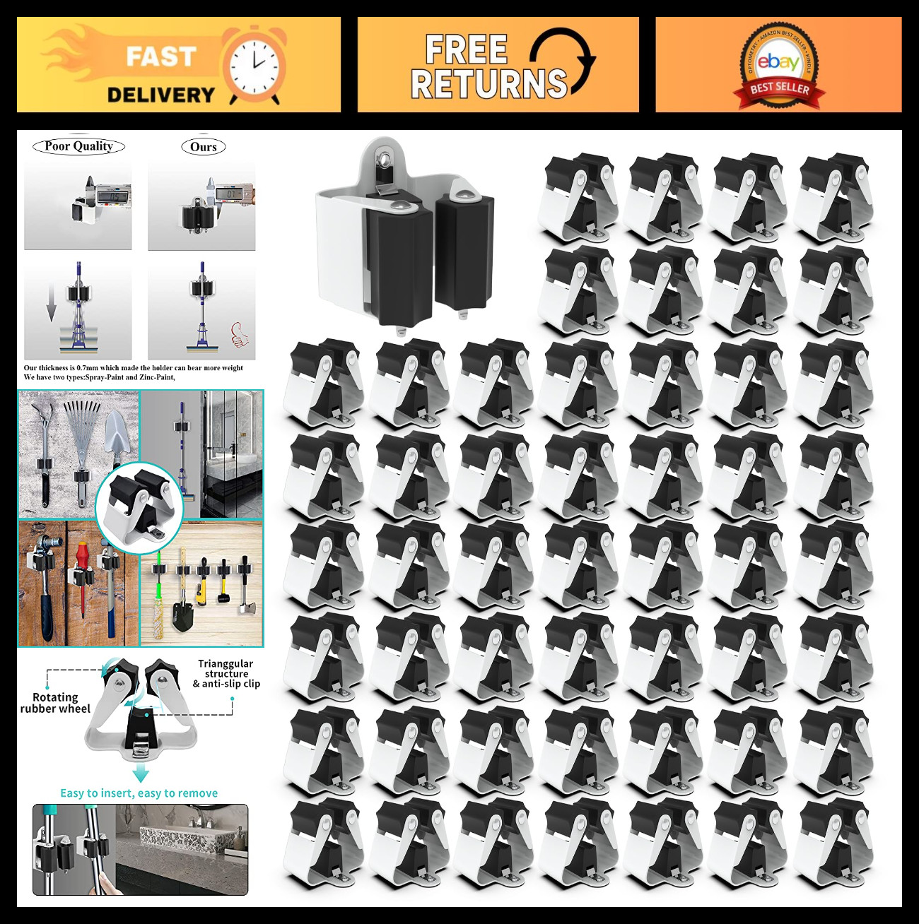 50 Pack Wall Mount Broom Hanger & Mop Holder - Organize Yard Tools, Shovels, Rak