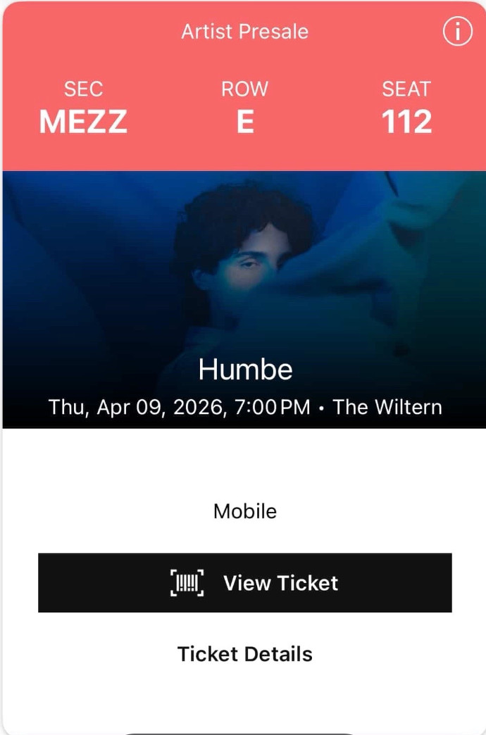 2 Humbe concert at The Wiltern April 9th 2026, Section Mezz, Row E