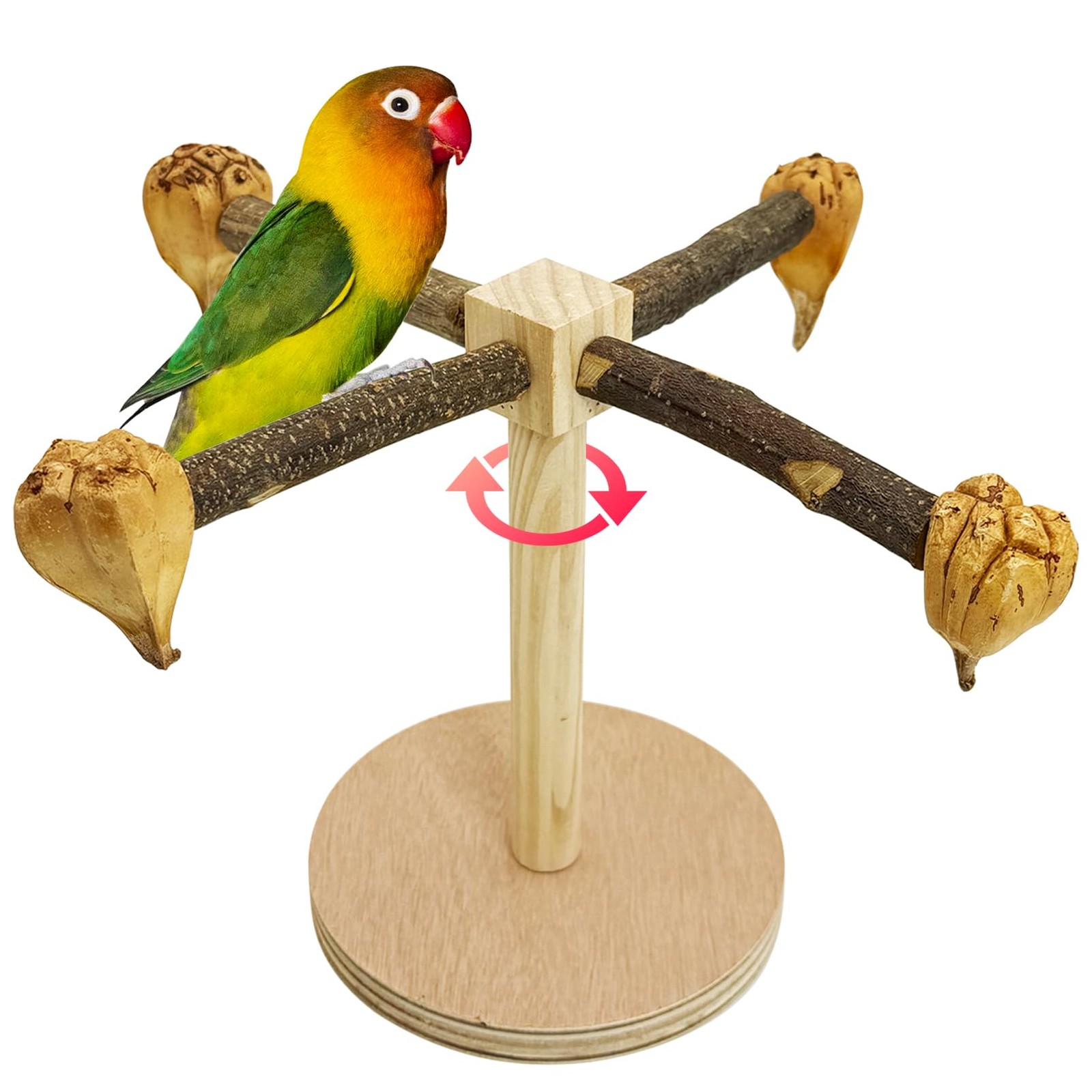 Rotating Bird Perch Stand Toy Natural Wooden Parakeet Edible Chew Cage