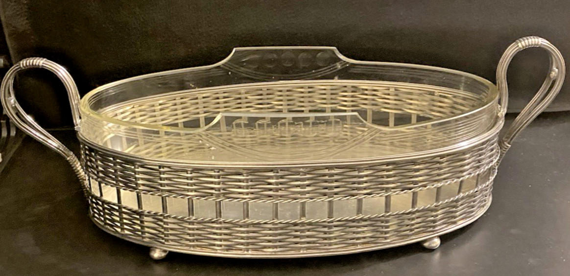 Large Antique Art Nouveau Silver Plate & Glass Liner Twin Handled Serving Basket