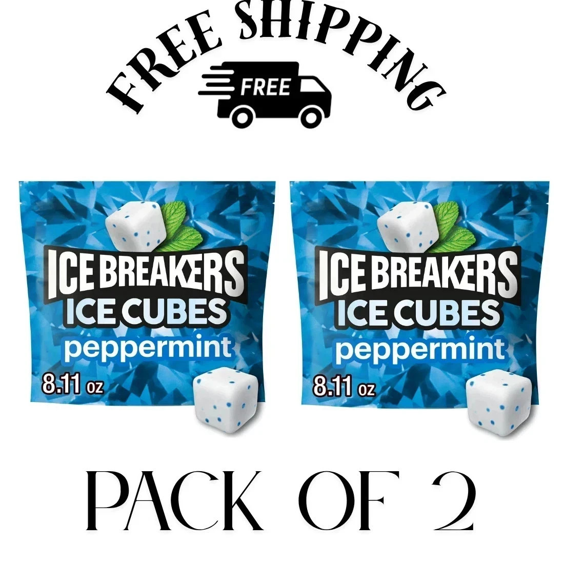(PACK OF 2) Ice Breakers Ice Cubes Peppermint Sugar Free Chewing Gum, 100 Pieces