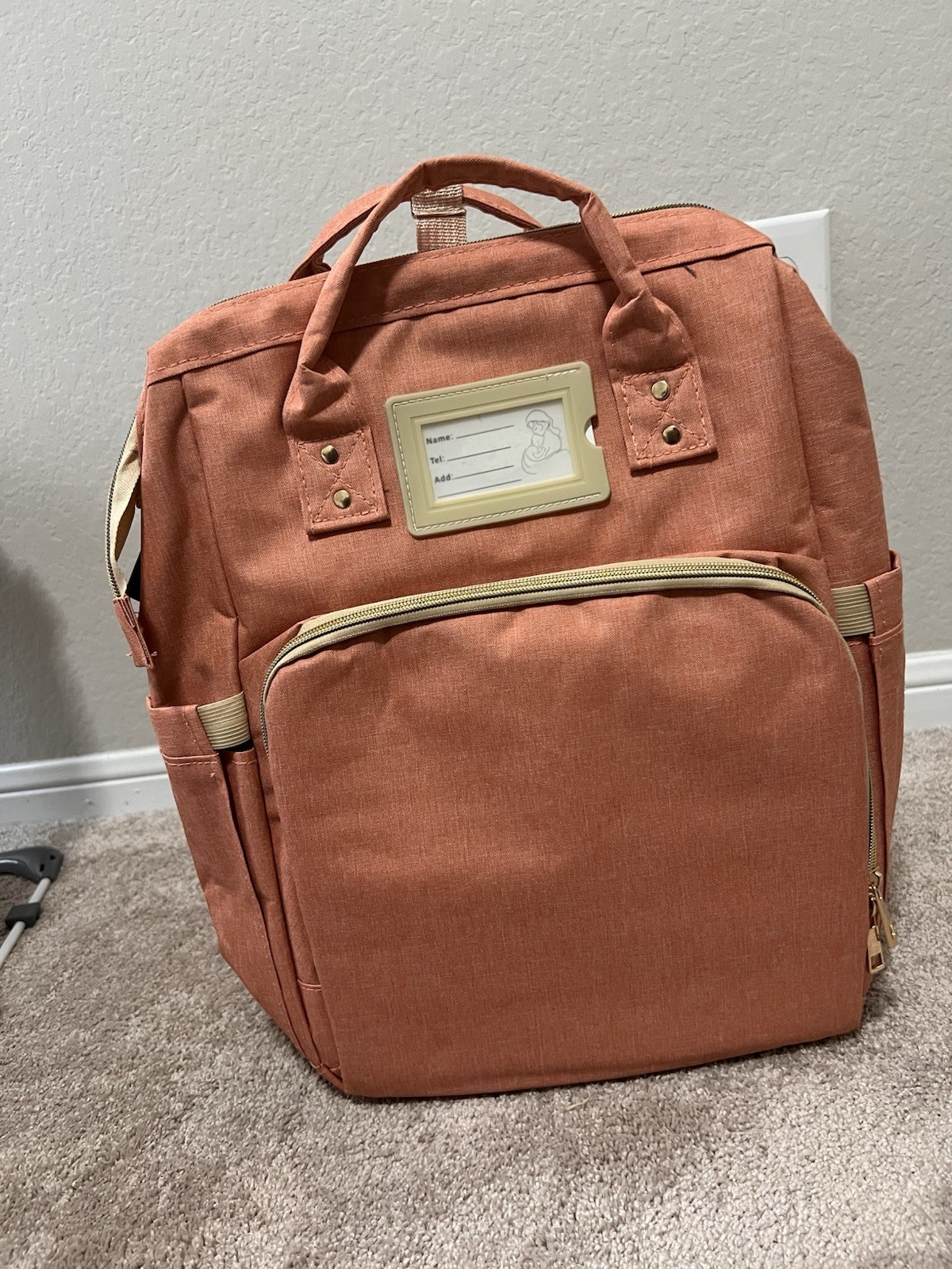 Rust Beige Large Polyester Diaper Bag Backpack with Changing Pad & Pockets