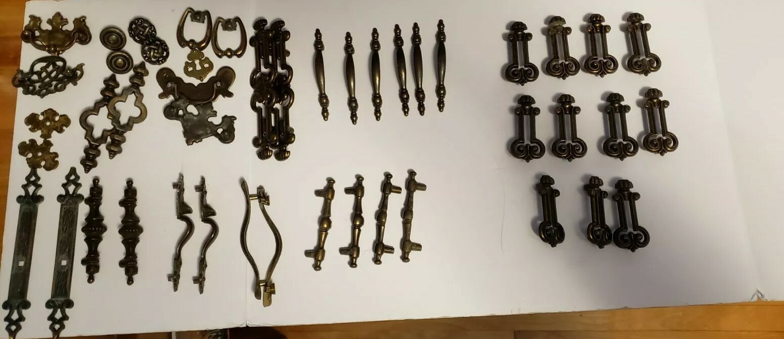 Huge Vintage Lot Of Distressed Brass Handles And Drawer Pulls