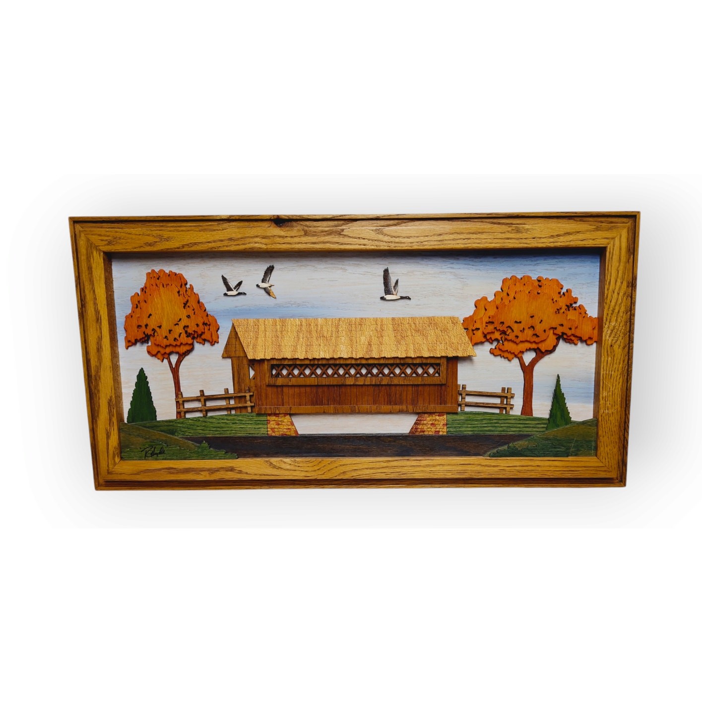 Dimensional Primitive Folk Art Laser Wood Fall Country Bridge Scene