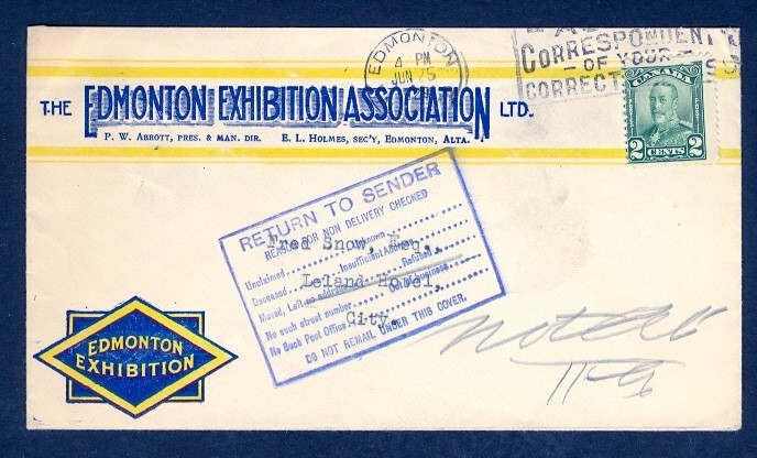 CANADA 1928 EDMONTON EXHIBITION ADVERTIZING UNDELIVERABLE MARKING COVER