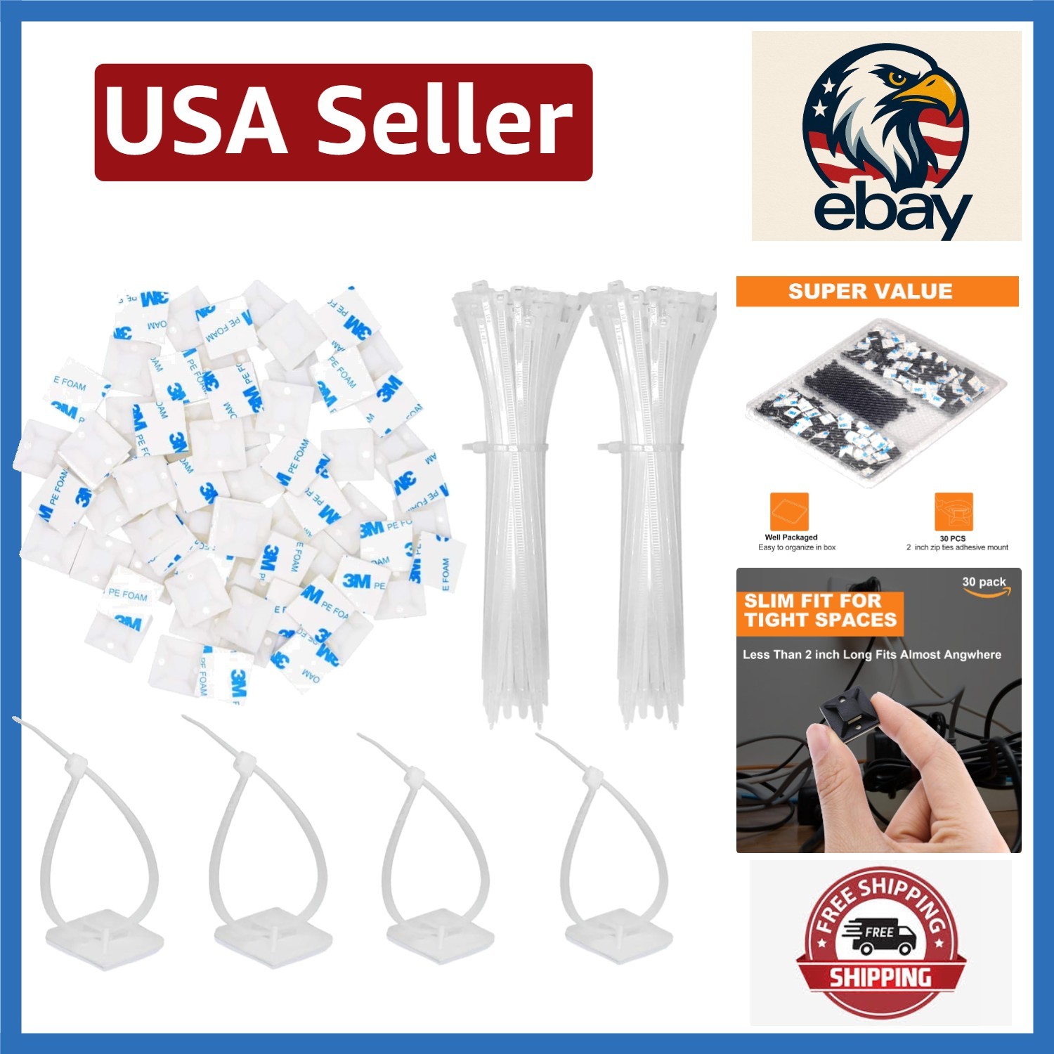 30 Pack Zip Tie Adhesive Mounts with 8 Inch Ties for Ultimate Cable Organization