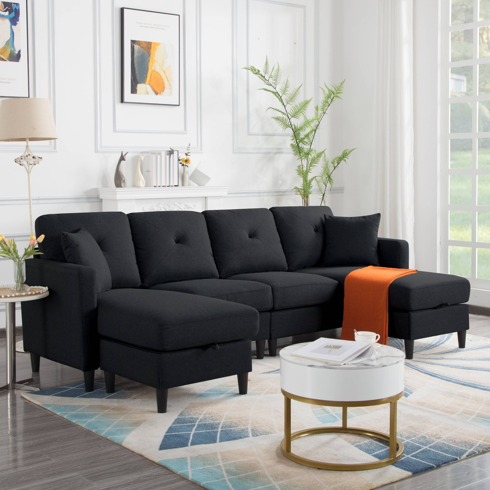 U-Shaped Modular Sectional Sofa 99" w/Storage Ottomans Linen 4 Seater Removable